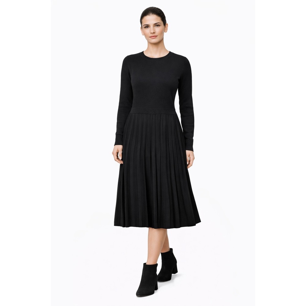 BOSS Hugo Boss Women Black Pleated Knit Sweater Dress Midi Long Sleeve Size‎ M